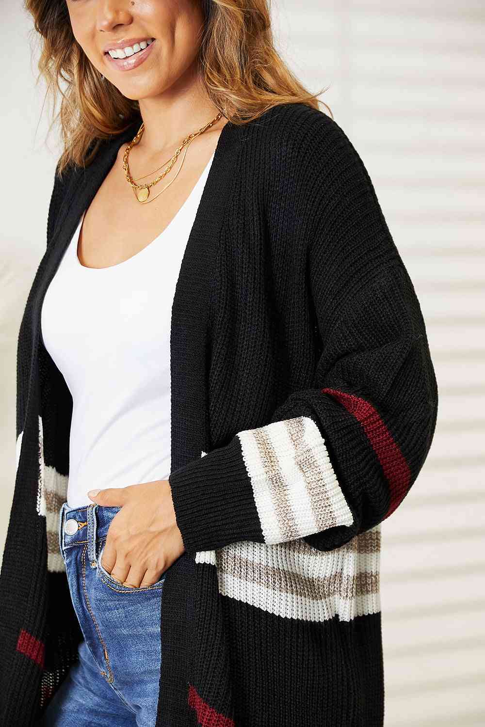 Double Take Striped Rib - Knit Drop Shoulder Open Front Cardigan - Dashno's Daily Blessings Boutique