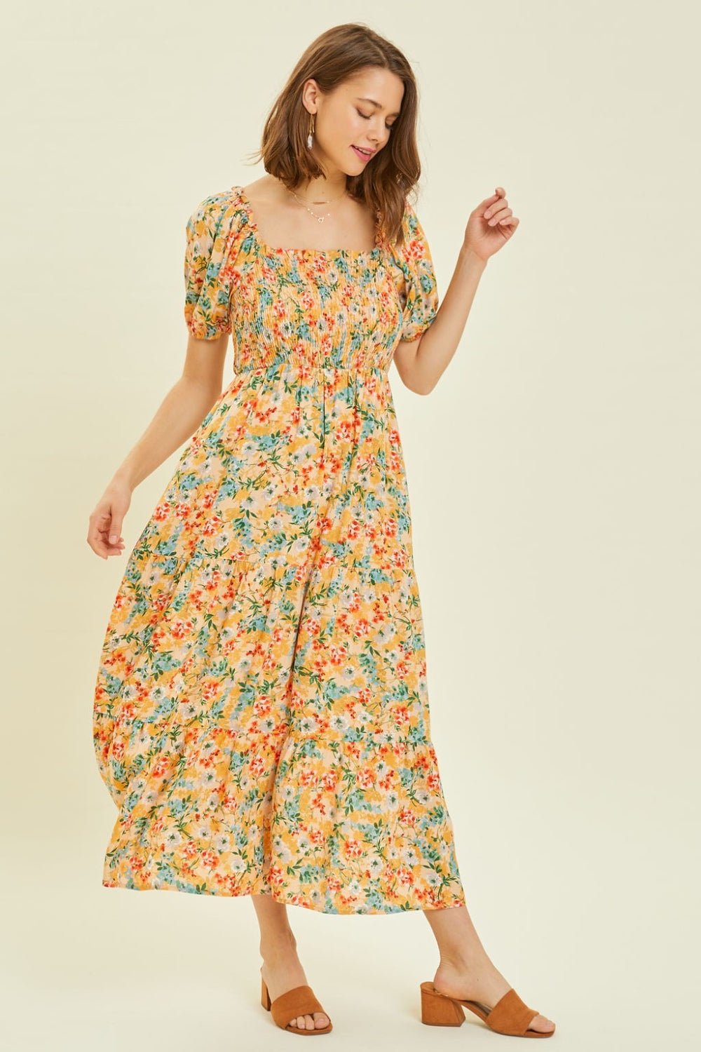 HEYSON Full Size Floral Smocked Tiered Midi Dress - Dashno's Daily Blessings BoutiqueDresses