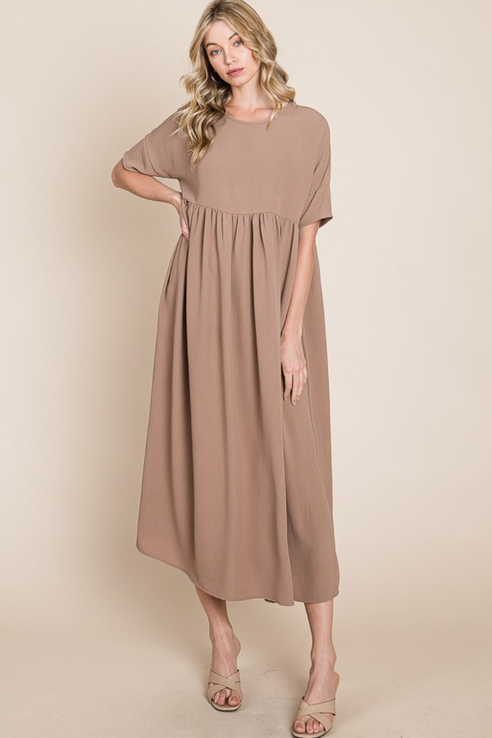 BOMBOM Round Neck Ruched Midi Dress - Dashno's Daily Blessings BoutiqueDresses