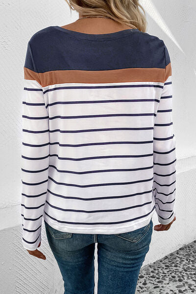 Striped Round Neck Long Sleeve T-Shirt - Dashno's Daily Blessings Boutique