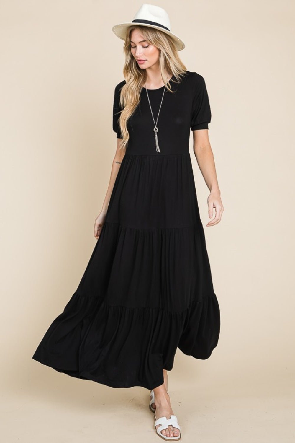 BOMBOM Short Sleeve Tiered Maxi Dress - Dashno's Daily Blessings BoutiqueDresses