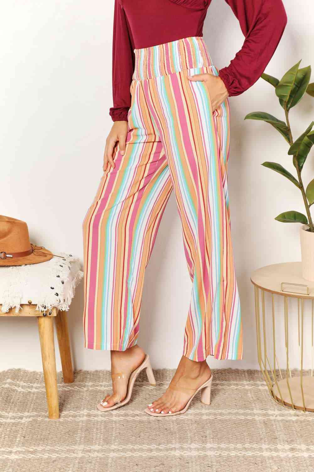 Double Take Striped Smocked Waist Pants with Pockets - Dashno's Daily Blessings Boutique
