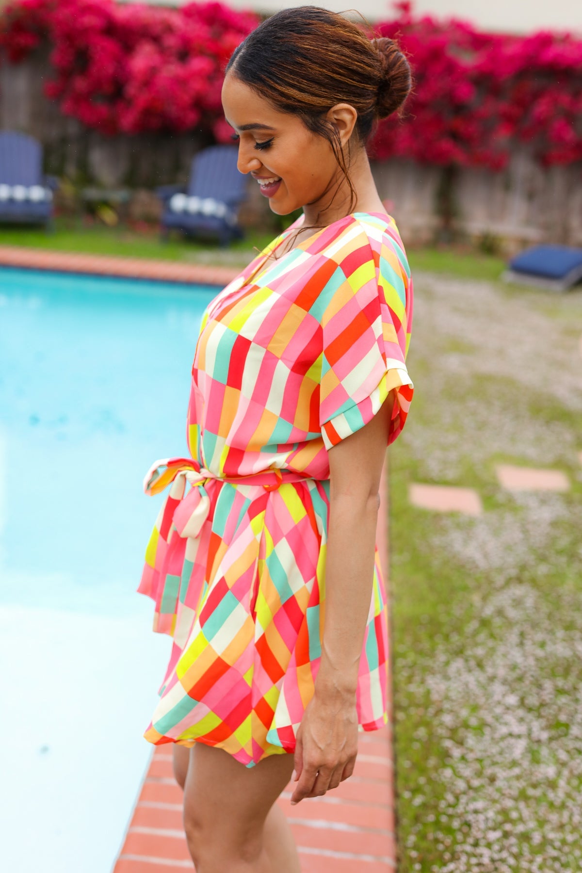 Eyes On You Coral Geo Abstract Surplice Woven Romper