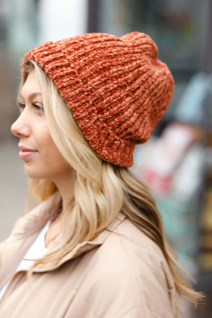 Rust Knit Velvet Chenille Fold Over Beanie