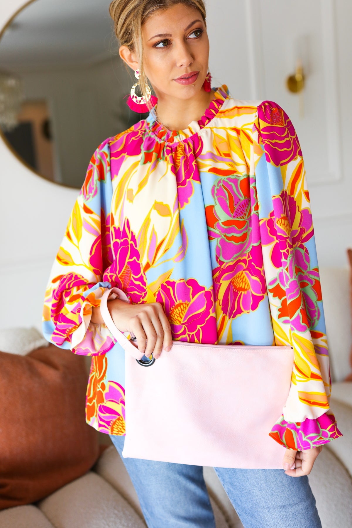 Blush Faux Leather Handle Zipper Clutch