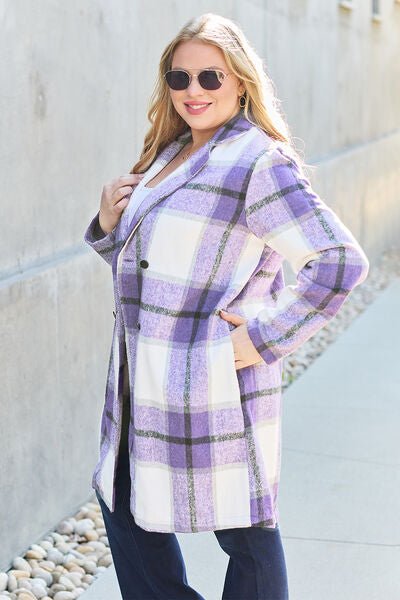 Double Take Full Size Plaid Button Up Lapel Collar Coat - Dashno's Daily Blessings Boutique