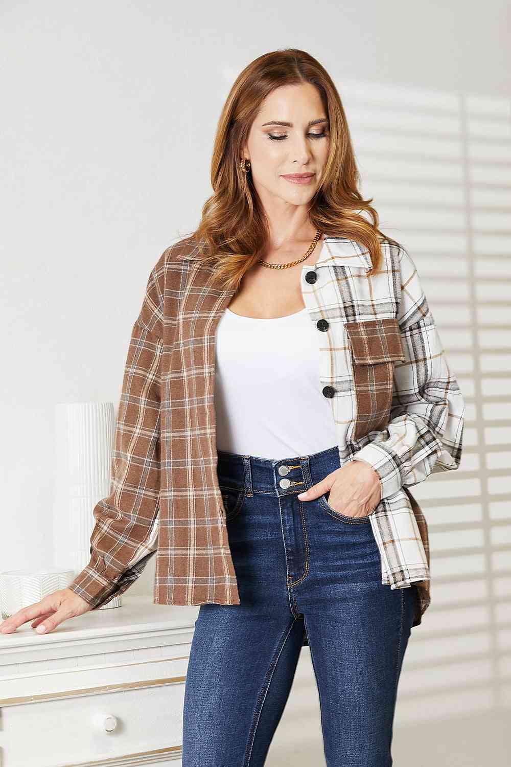 Double Take Plaid Contrast Button Up Shirt Jacket - Dashno's Daily Blessings Boutique