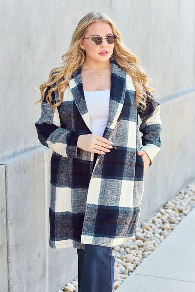 Double Take Full Size Plaid Button Up Lapel Collar Coat - Dashno's Daily Blessings Boutique
