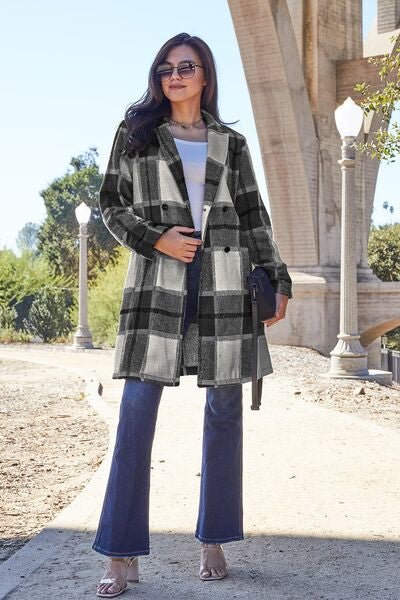 Double Take Full Size Plaid Button Up Lapel Collar Coat - Dashno's Daily Blessings Boutique