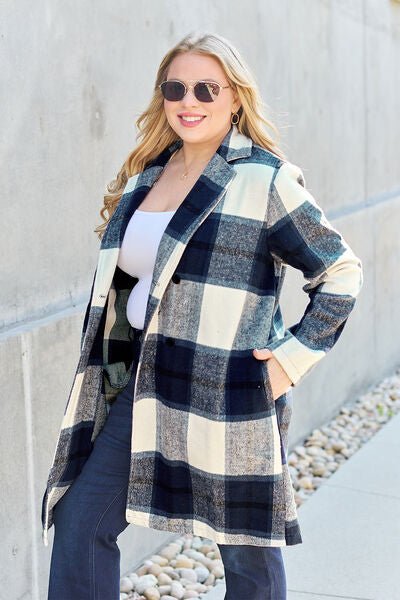 Double Take Full Size Plaid Button Up Lapel Collar Coat - Dashno's Daily Blessings Boutique