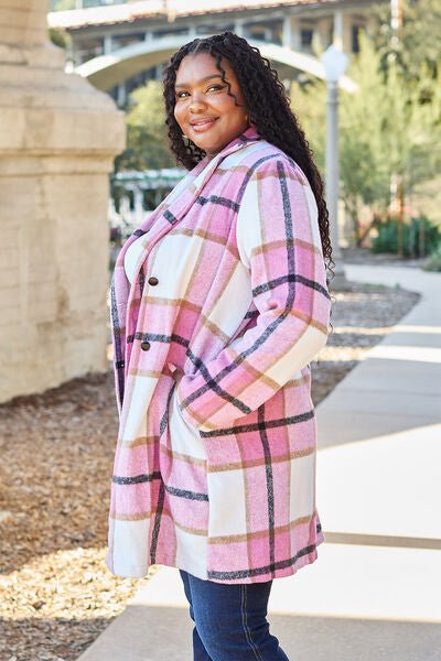 Double Take Full Size Plaid Button Up Lapel Collar Coat - Dashno's Daily Blessings Boutique