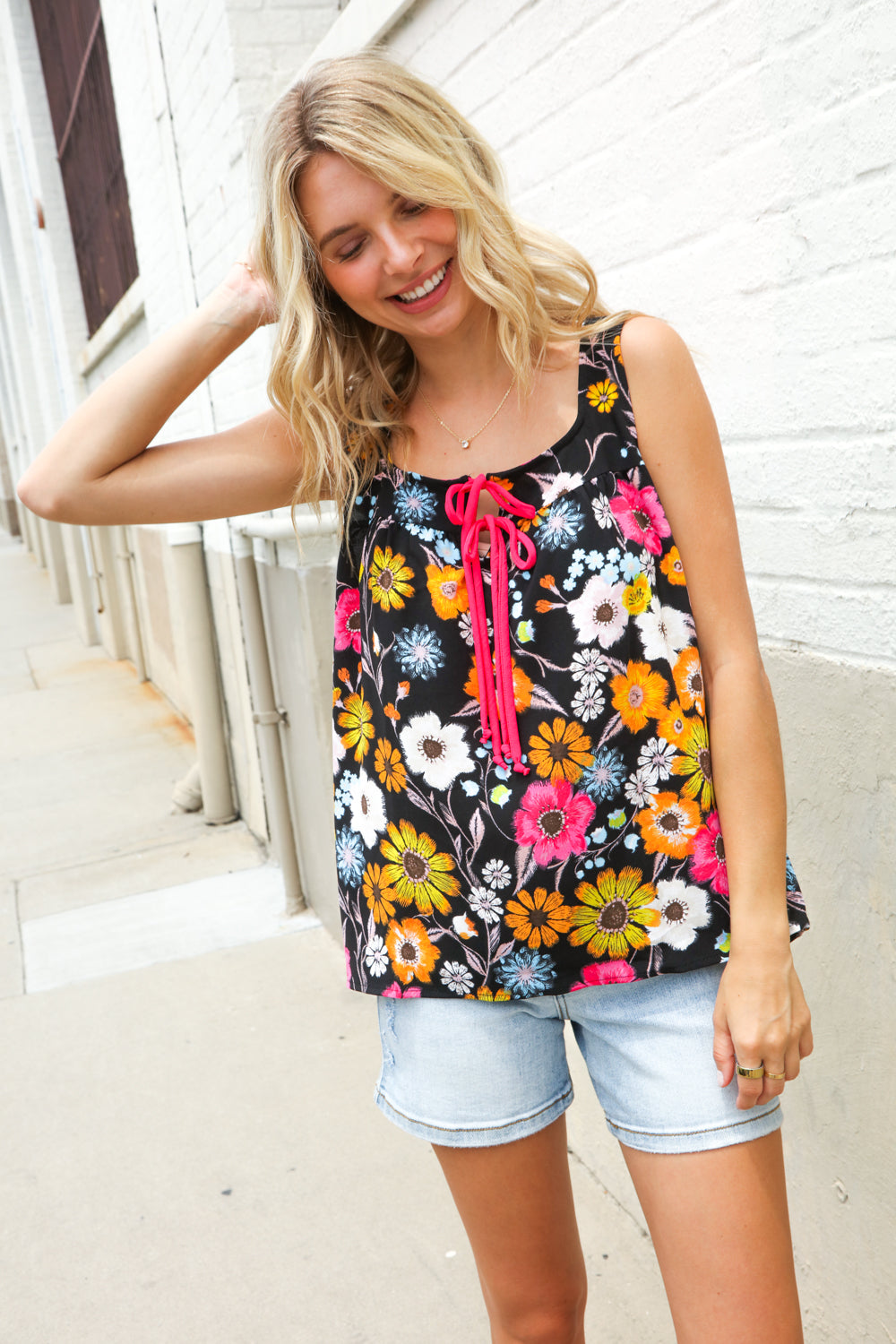 Flower Power Black Sleeveless Babydoll Bow Tie Top