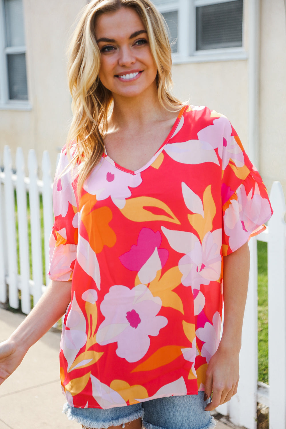 Tropical Vibes Peach Floral Dolman Ruffle Frill Sleeve Blouse