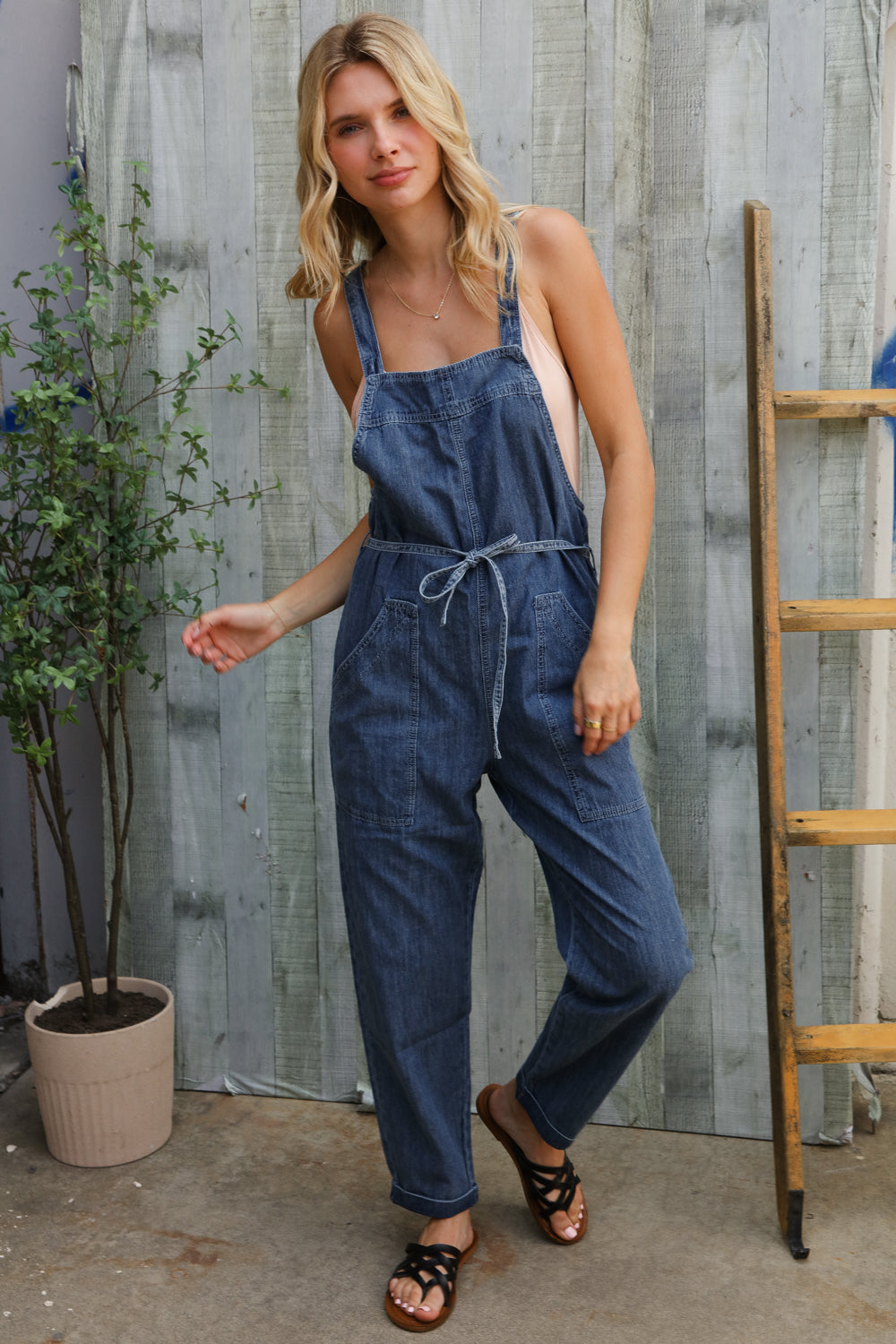 Weekend Ready Cotton Denim Baggy Leg Bib Overall Jumper