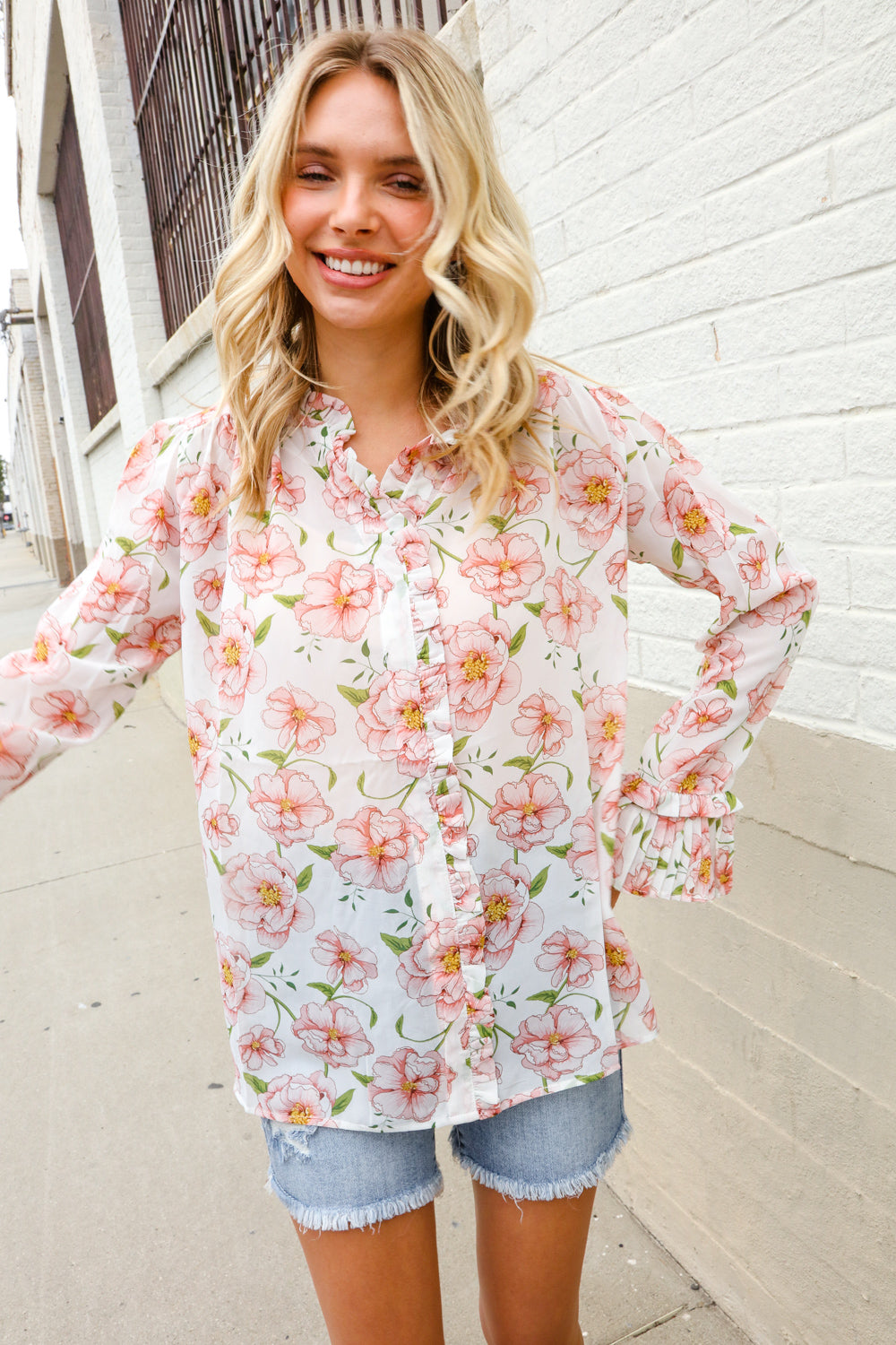 The Feminine Touch Chiffon Button-Down Floral Ruffle Sleeve Blouse