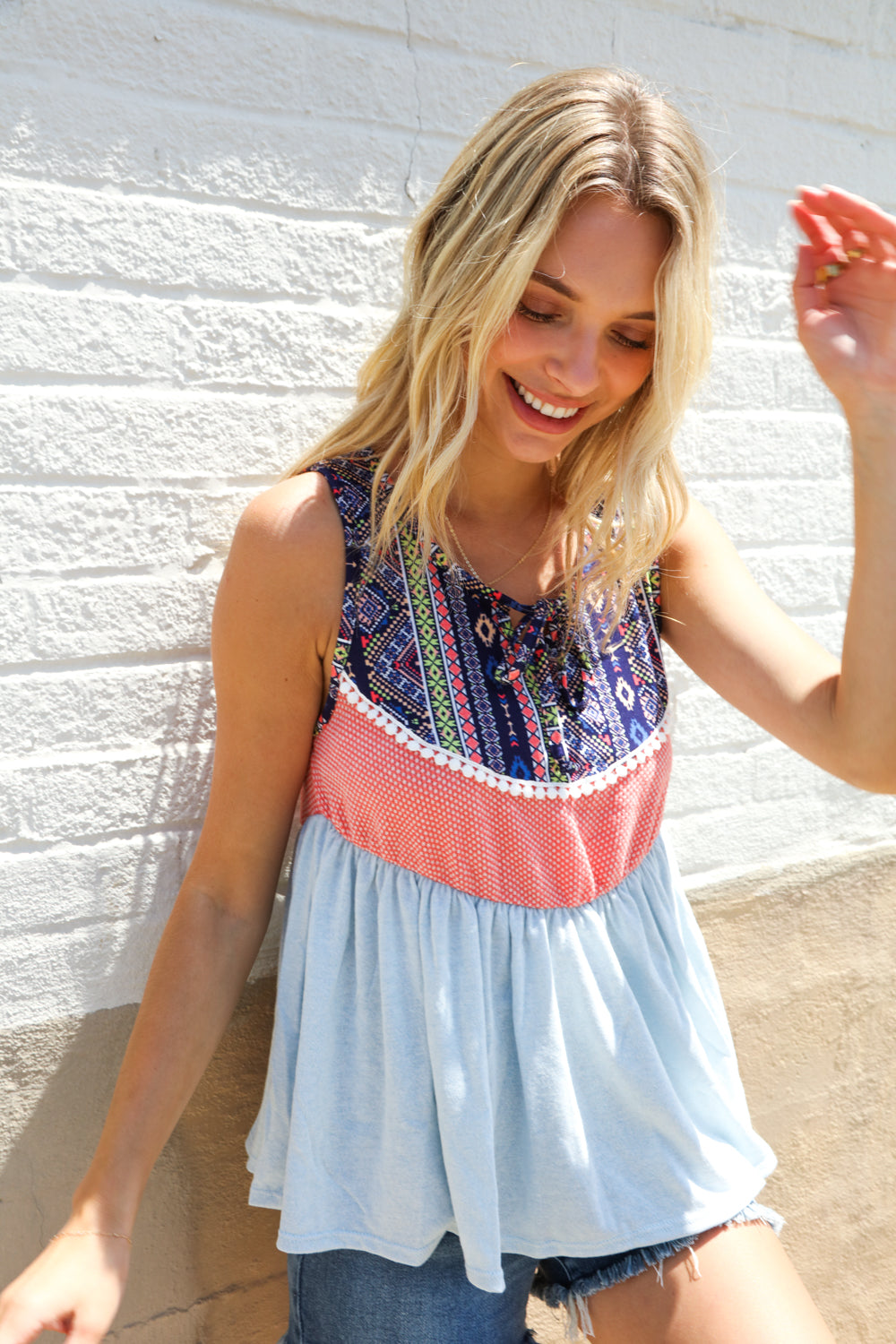 Vacay Vibes Coral/Blue Boho Print Color Block Sleeveless Top