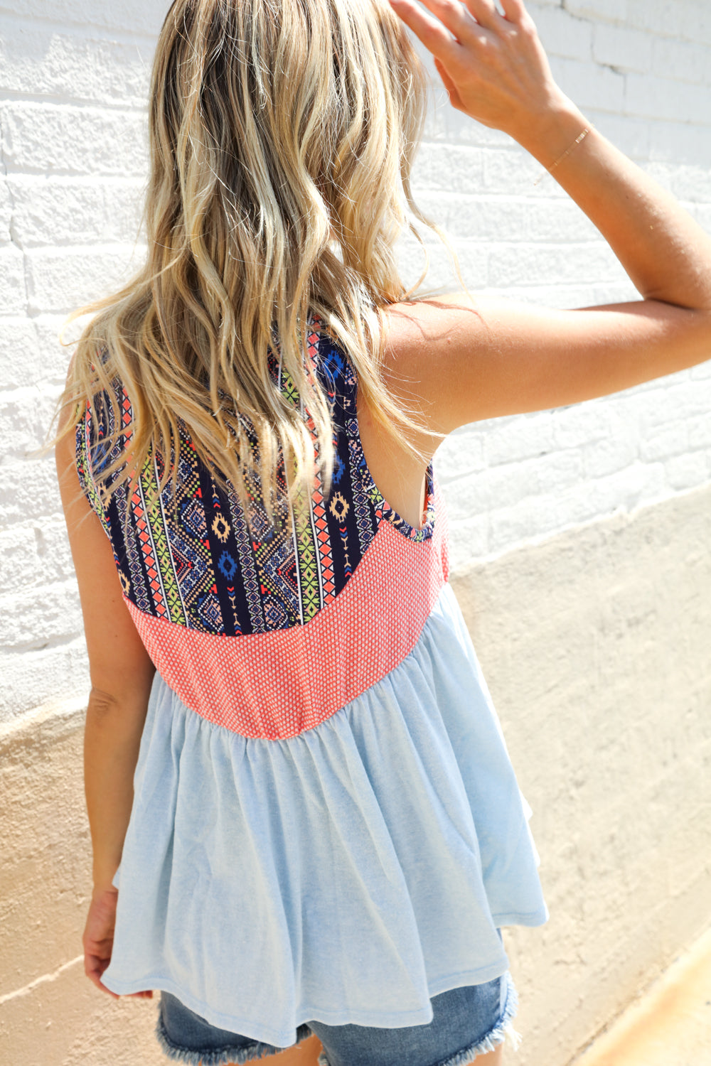 Vacay Vibes Coral/Blue Boho Print Color Block Sleeveless Top
