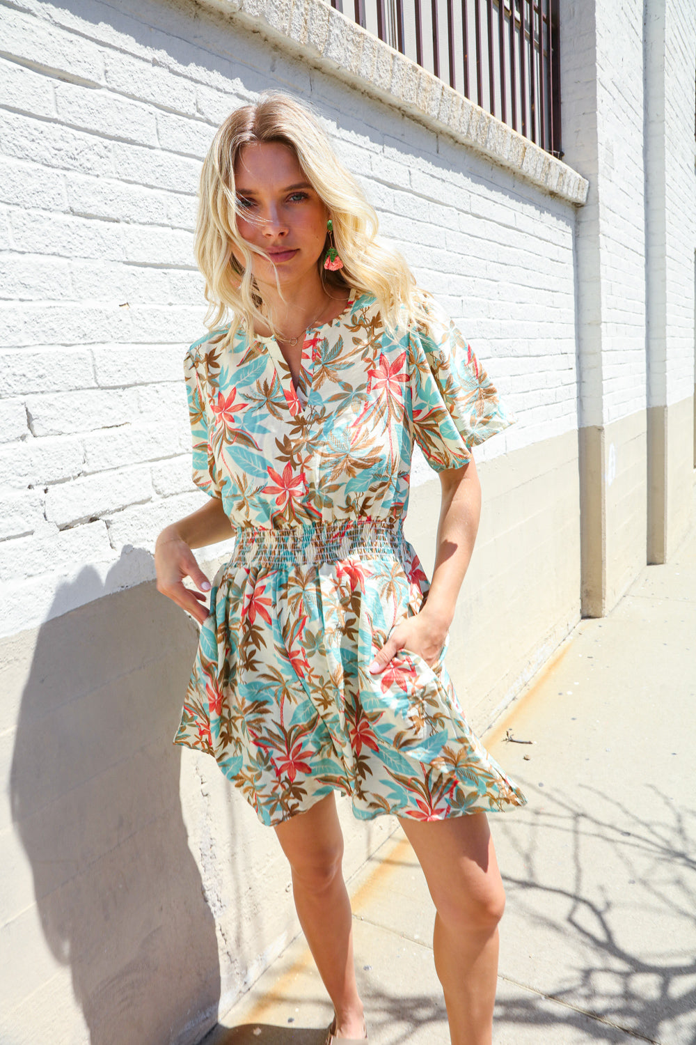 Get Whimsical Tropical Print Smocked Waist Neck Button Romper