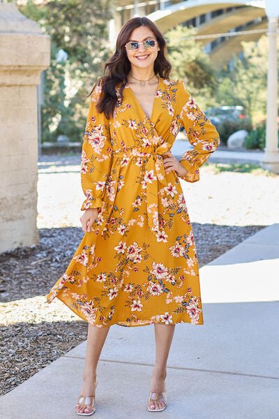 Double Take Full Size Floral Tie Back Flounce Sleeve Dress - Dashno's Daily Blessings Boutique