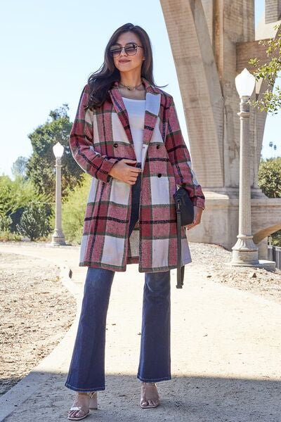 Double Take Full Size Plaid Button Up Lapel Collar Coat - Dashno's Daily Blessings Boutique