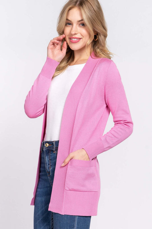 ACTIVE BASIC Ribbed Trim Open Front Cardigan