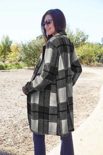 Double Take Full Size Plaid Button Up Lapel Collar Coat - Dashno's Daily Blessings Boutique
