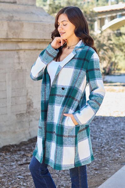 Double Take Full Size Plaid Button Up Lapel Collar Coat - Dashno's Daily Blessings Boutique
