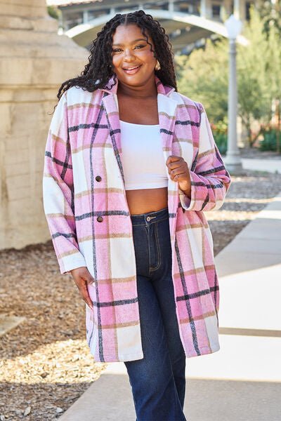 Double Take Full Size Plaid Button Up Lapel Collar Coat - Dashno's Daily Blessings Boutique
