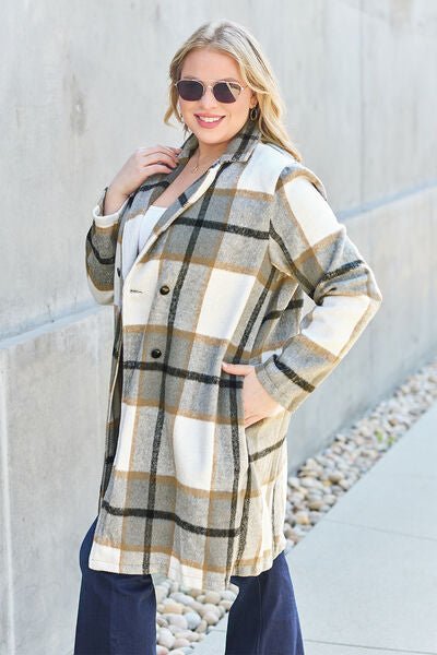 Double Take Full Size Plaid Button Up Lapel Collar Coat - Dashno's Daily Blessings Boutique