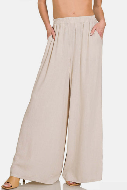 Zenana Pleated Linen Blend Wide Leg Pants