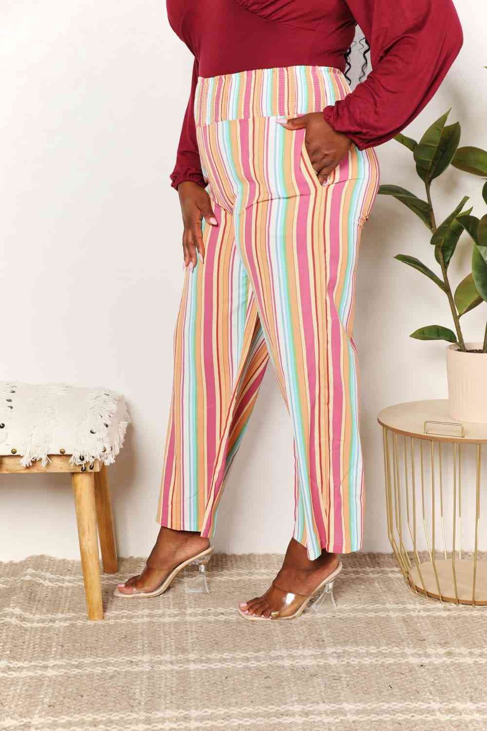 Double Take Striped Smocked Waist Pants with Pockets - Dashno's Daily Blessings Boutique