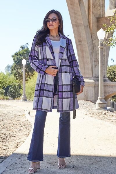 Double Take Full Size Plaid Button Up Lapel Collar Coat - Dashno's Daily Blessings Boutique