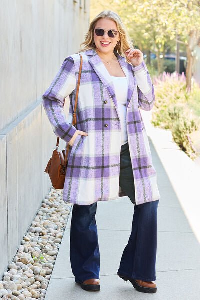 Double Take Full Size Plaid Button Up Lapel Collar Coat - Dashno's Daily Blessings Boutique