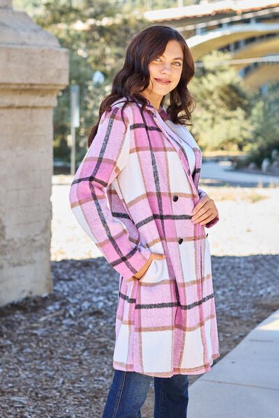 Double Take Full Size Plaid Button Up Lapel Collar Coat - Dashno's Daily Blessings Boutique