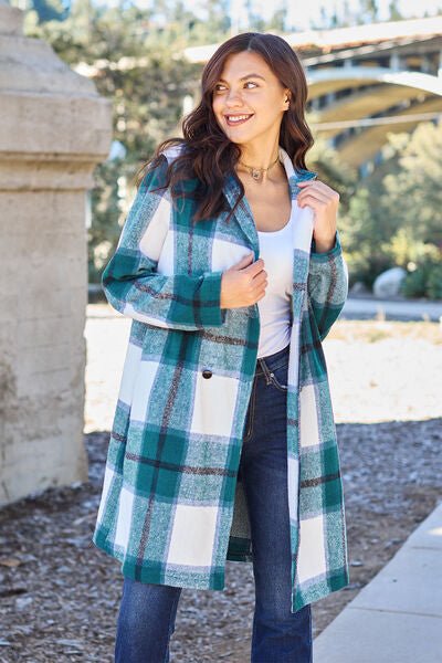 Double Take Full Size Plaid Button Up Lapel Collar Coat - Dashno's Daily Blessings Boutique