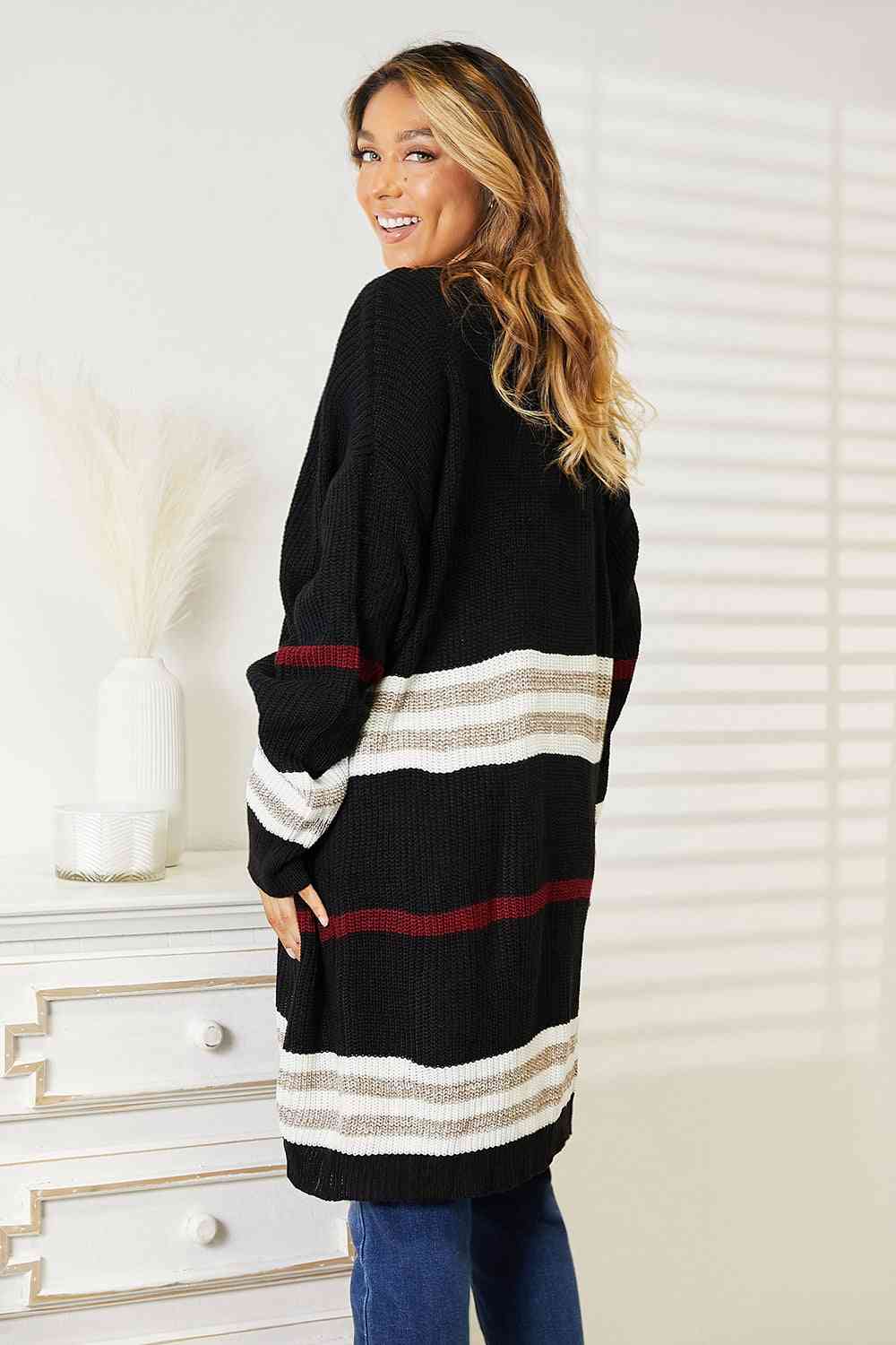 Double Take Striped Rib - Knit Drop Shoulder Open Front Cardigan - Dashno's Daily Blessings Boutique