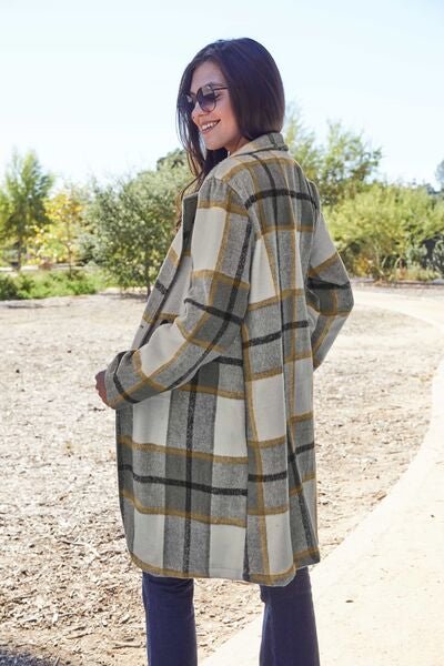 Double Take Full Size Plaid Button Up Lapel Collar Coat - Dashno's Daily Blessings Boutique