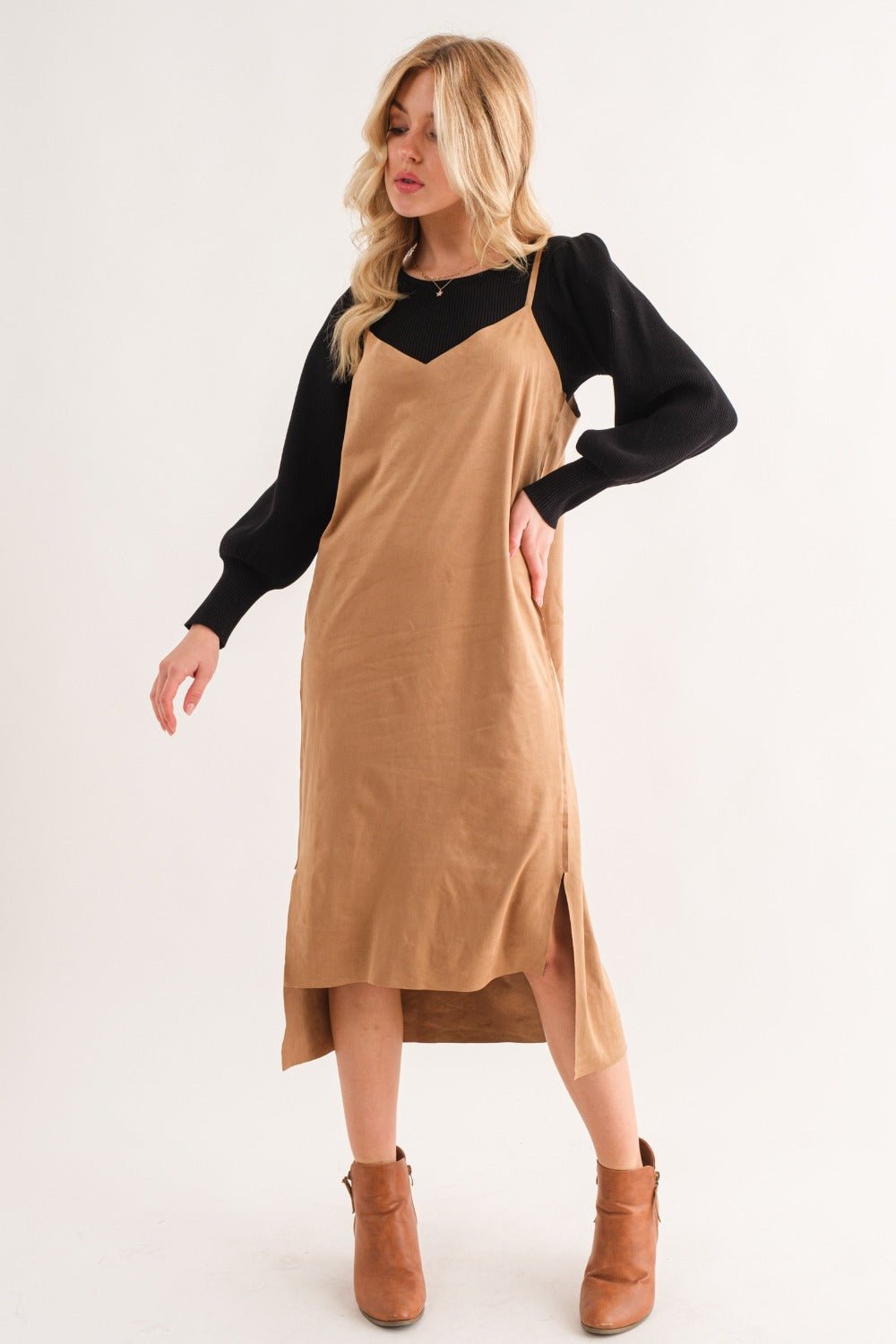 And The Why Faux Suede Cut Edge Slit Cami Midi Dress - Dashno's Daily Blessings BoutiqueDresses