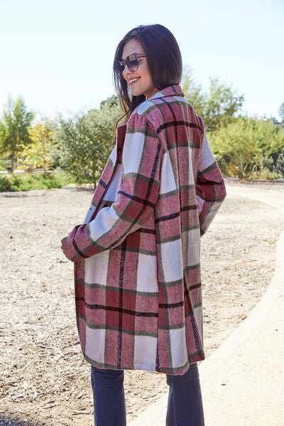 Double Take Full Size Plaid Button Up Lapel Collar Coat - Dashno's Daily Blessings Boutique