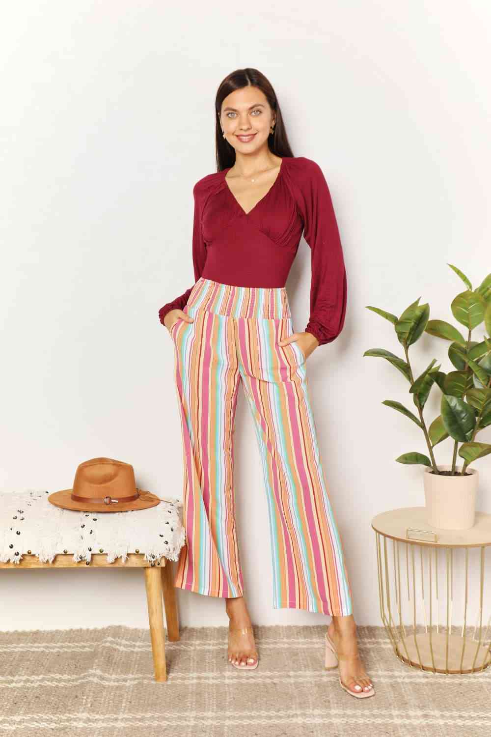Double Take Striped Smocked Waist Pants with Pockets - Dashno's Daily Blessings Boutique