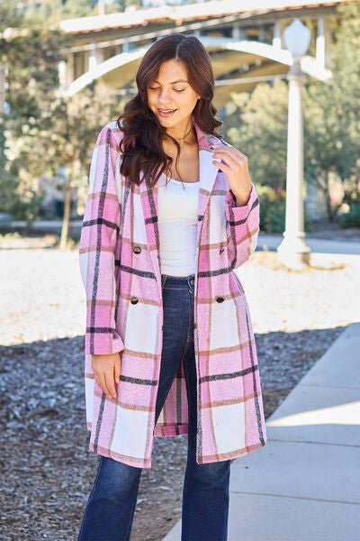 Double Take Full Size Plaid Button Up Lapel Collar Coat - Dashno's Daily Blessings Boutique