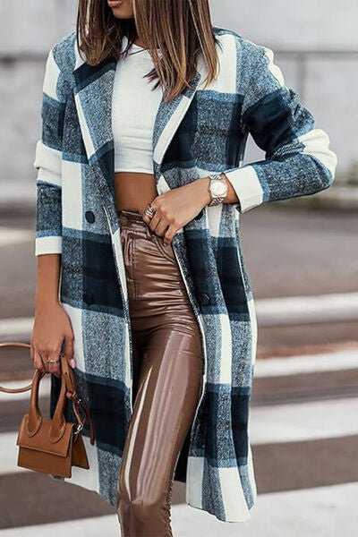 Double Take Full Size Plaid Button Up Lapel Collar Coat - Dashno's Daily Blessings Boutique
