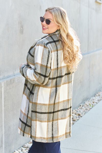 Double Take Full Size Plaid Button Up Lapel Collar Coat - Dashno's Daily Blessings Boutique