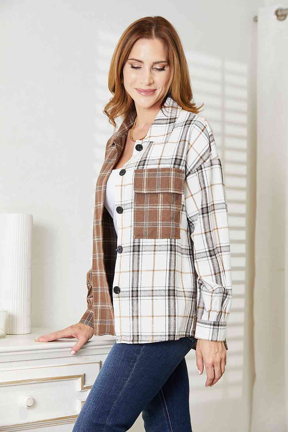 Double Take Plaid Contrast Button Up Shirt Jacket - Dashno's Daily Blessings Boutique