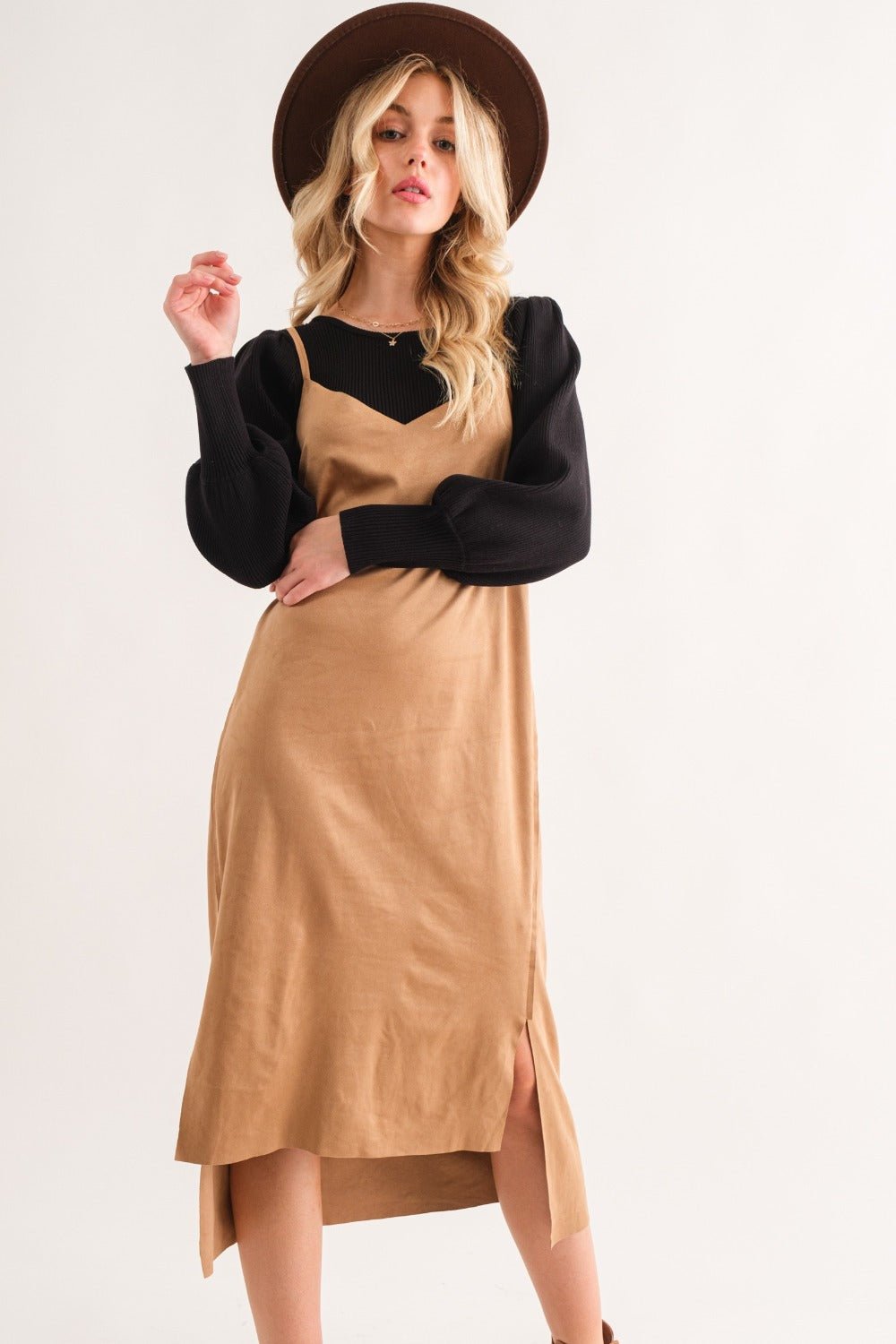 And The Why Faux Suede Cut Edge Slit Cami Midi Dress - Dashno's Daily Blessings BoutiqueDresses