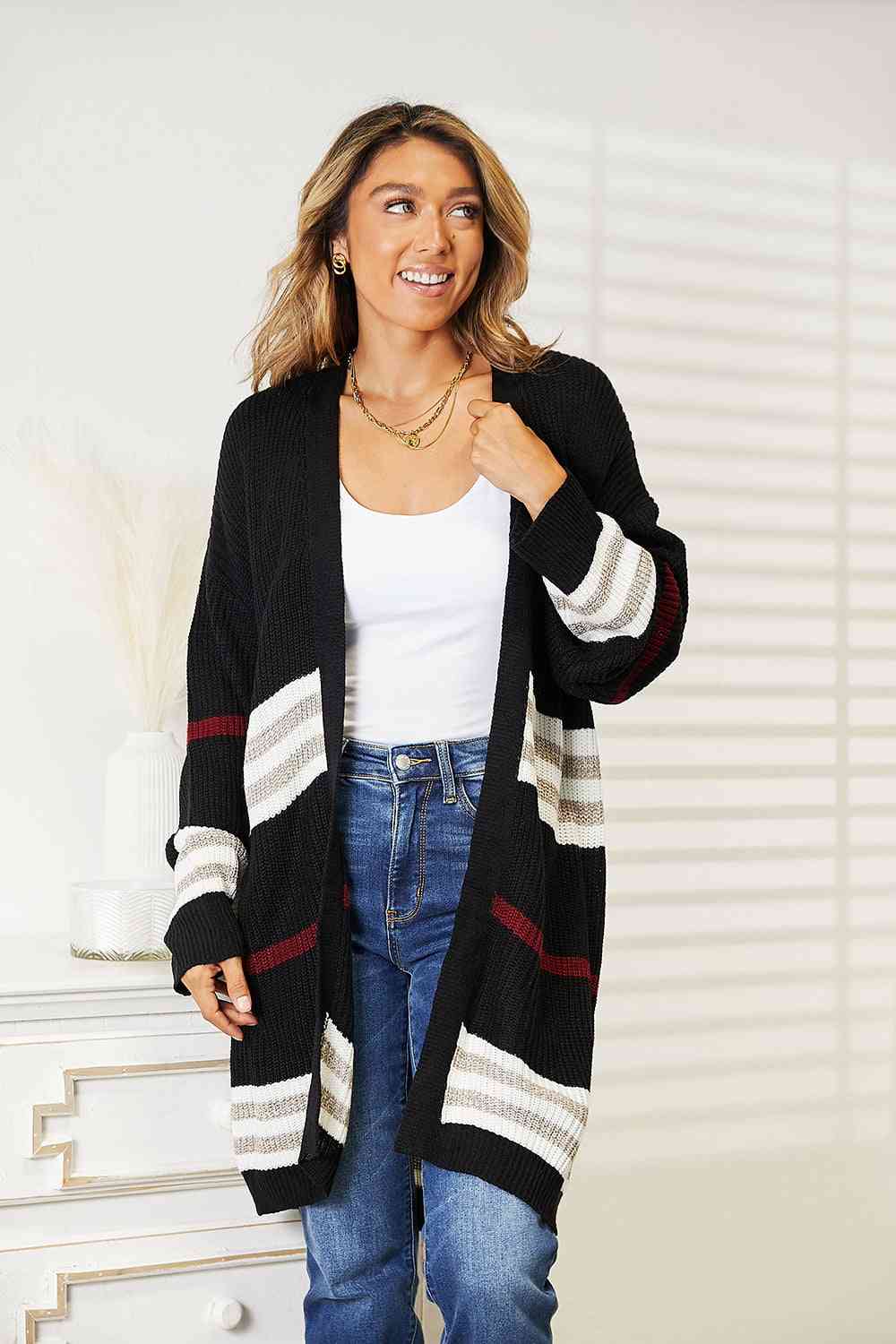 Double Take Striped Rib - Knit Drop Shoulder Open Front Cardigan - Dashno's Daily Blessings Boutique
