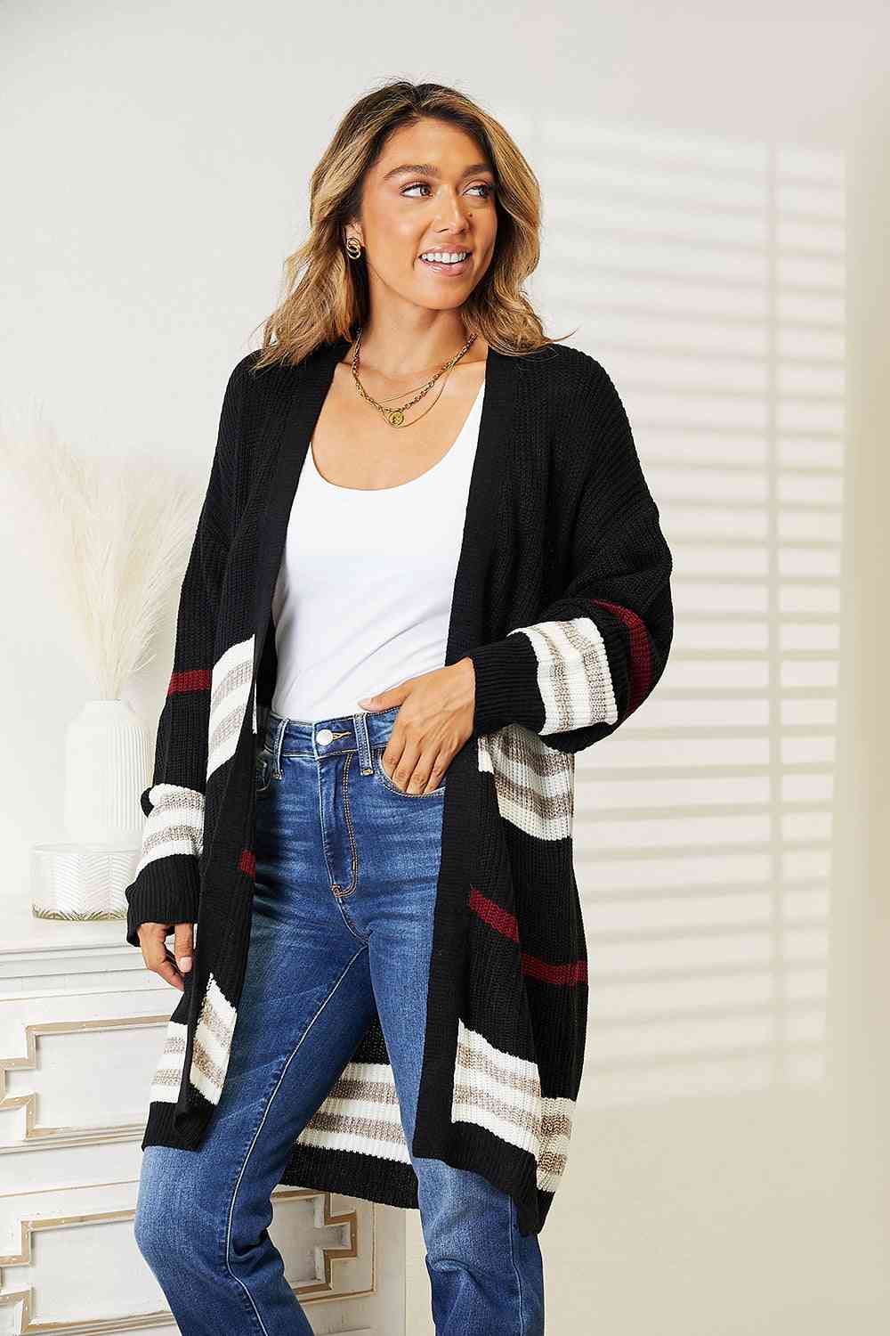 Double Take Striped Rib - Knit Drop Shoulder Open Front Cardigan - Dashno's Daily Blessings Boutique