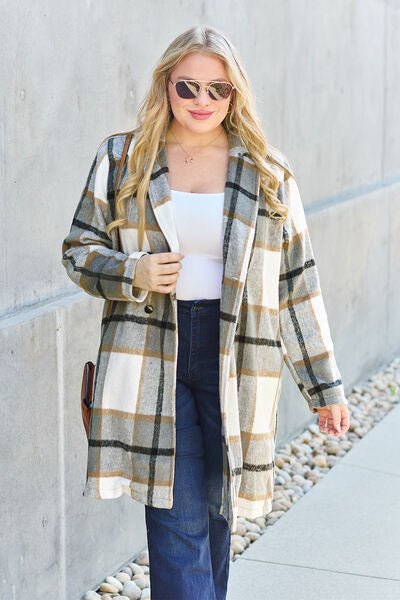 Double Take Full Size Plaid Button Up Lapel Collar Coat - Dashno's Daily Blessings Boutique