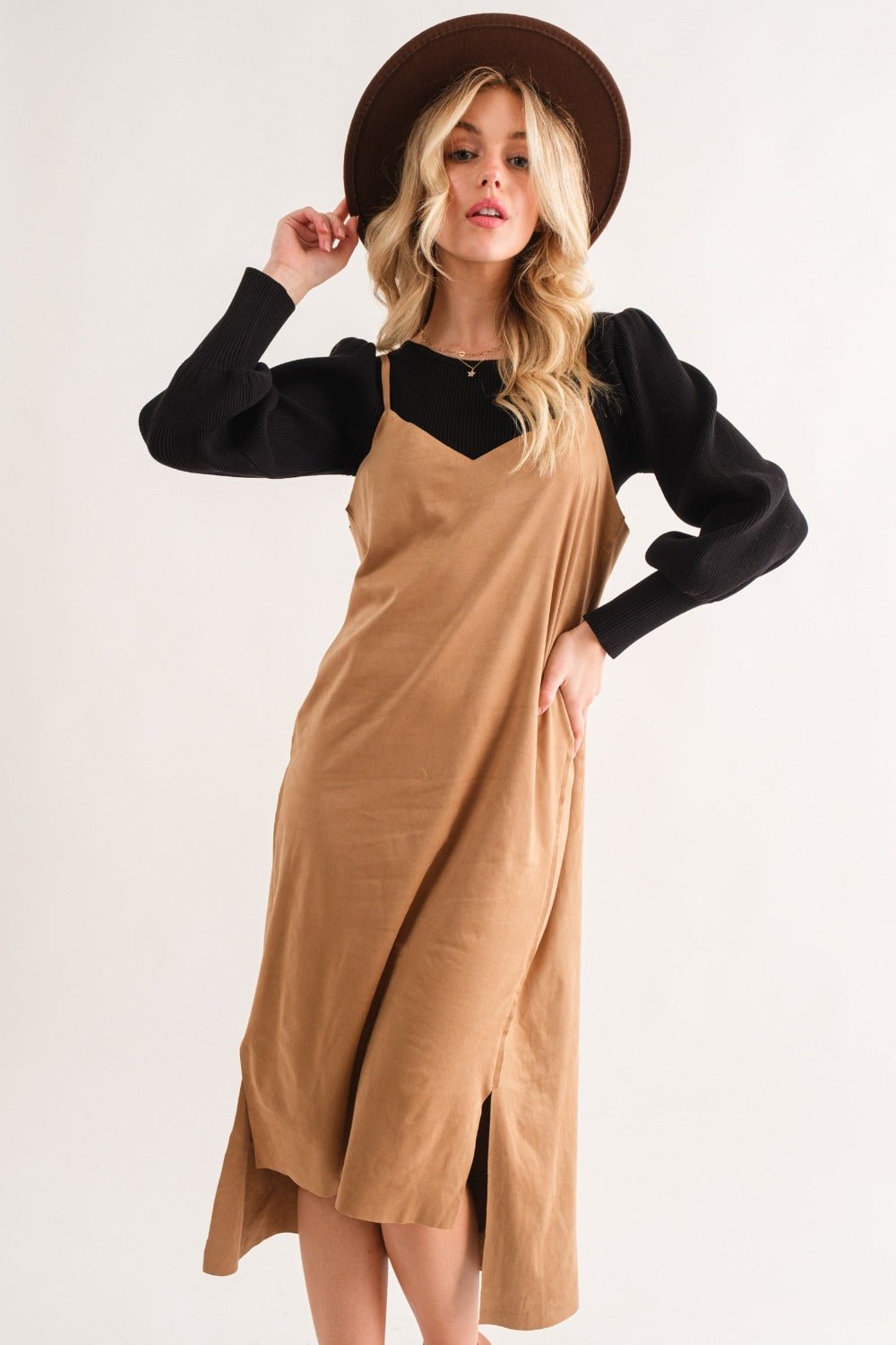 And The Why Faux Suede Cut Edge Slit Cami Midi Dress - Dashno's Daily Blessings BoutiqueDresses