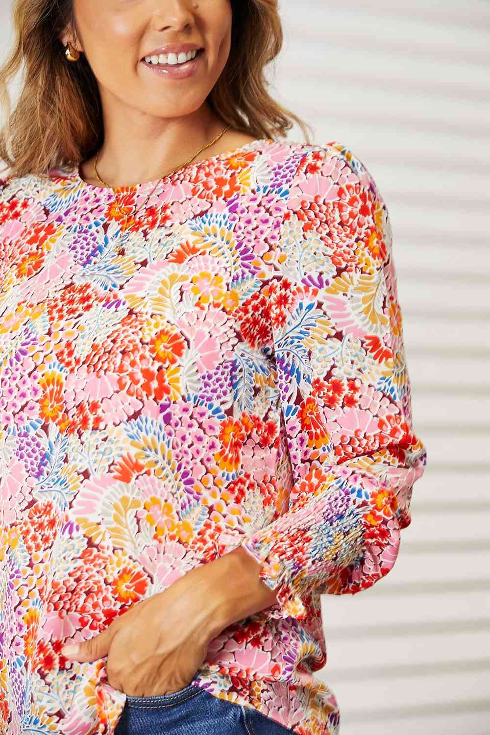 Double Take Floral Print Long Puff Sleeve Blouse - Dashno's Daily Blessings Boutique